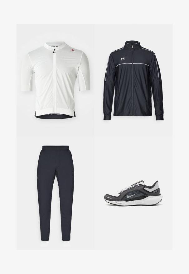 Fekete sportdzseki sima szövetből, magas nyakkal, teljes cipzárral és fehér díszítéssel a vállakon és a mellkason.; Fehér rövid ujjú kerékpáros mez, teljes hosszúságú elülső cipzárral, struktúrált anyagból készült, fekete díszítéssel az alján.; Fekete sportnadrág sima textúrával, karcsú szabással, rugalmas derékrésszel és oldalzsebekkel. A bal combján egy kis logó található.; Fekete és szürke sportcipő, hálós felsőrésszel, fényvisszaverő részletekkel és fehér középtalppal. A talpa texturált gumiból készült, és fűzőkkel rendelkezik.