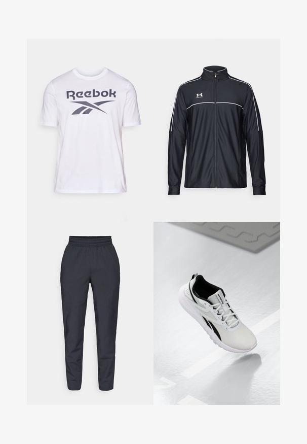Juodas sportinis džemperis, pagamintas iš lygaus audinio, turintis aukštą apykaklę, pilną užtrauktuką ir baltą apvadą palei pečius ir krūtinę.; Balta Reebok marškinėliai su dideliu tamsiai pilku logotipu ir grafiniu dizainu ant krūtinės. Pagaminti iš minkštos medvilnės, trumpomis rankovėmis.; Jūros mėlynos tapered tipo kelnės, pagamintos iš minkštos medžiagos, su elastingu juosmeniu, šoninėmis kišenėmis ir lygia tekstūra su subtiliais siuvinėjimo akcentais.; Šviesiai pilki sportiniai batai su juodais akcentais, tekstūruota tinklinė viršutinė dalis, paminkštintas padas ir raišteliais užsegamas užsegimas. Yra kulno traukimo kilpelė.