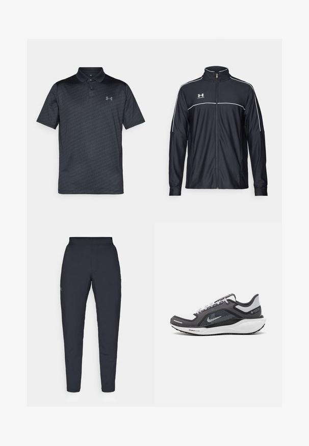 Crna sportska jakna od glatkog materijala, s visokim ovratnikom, punim zatvaračem i bijelim detaljima duž ramena i grudnog dijela.; Tamno siva polo majica od glatkog materijala, s suptilnim geometrijskim uzorkom, kragnom i plavim logotipom na lijevoj strani prsiju.; Crne sportske hlače s glatkom teksturom, uskih krojeva, elastičnim pojasom i bočnim džepovima. Imaju mali logo na lijevom bedru.; Crne i sive atletske cipele s mrežastim gornjim dijelom, reflektirajućim detaljima i bijelim među-djelom. Imaju strukturiranu gumenu potplate i vezice.