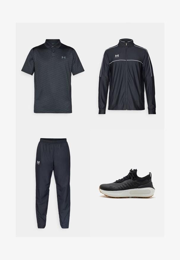 Svart treningsjakke laget av glatt stoff, med høy krage, full glidelås og hvite detaljer langs skuldrene og brystet.; Mørk grå polo-skjorte laget av glatt stoff, med et subtilt geometrisk mønster, en krage, og en blå logo på venstre bryst.; Sorte treningbukser med elastisk midje, innsnevrede ben og en hvit logo på siden. Laget av lett, slitesterkt stoff.; Sorte treningssko med teksturert overdel, sokkelignende krave, grå snørebånd, og en hvit mellomsåle med et mønsterdesign samt gummisåle.