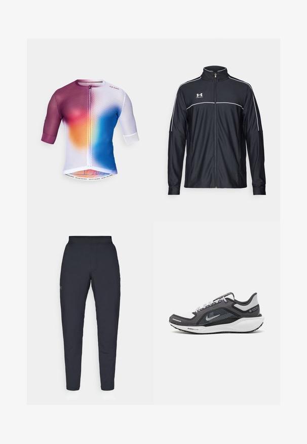 Čierna športová bunda vyrobená z hladkej látky, s vysokým golierom, plným zipsom a bielymi pásikmi pozdĺž ramien a hrudníka.; Dres na cyklistiku s krátkym rukávom, ktorý má sieťovaný dizajn s gradientom fialovej, oranžovej a modrej farby; zapínanie na zips a potlačené detaily na leme.; Čierne športové nohavice s hladkým povrchom, priliehavým strihom, elastickým pásom a bočnými vreckami. Obsahujú malé logo na ľavom stehne.; Čierna a sivá športová obuv s vrchnou časťou z priedušného materiálu, reflexné akcenty a biely medzipodrážka. Obsahuje štruktúrovanú gumovú podrážku a šnúrky.