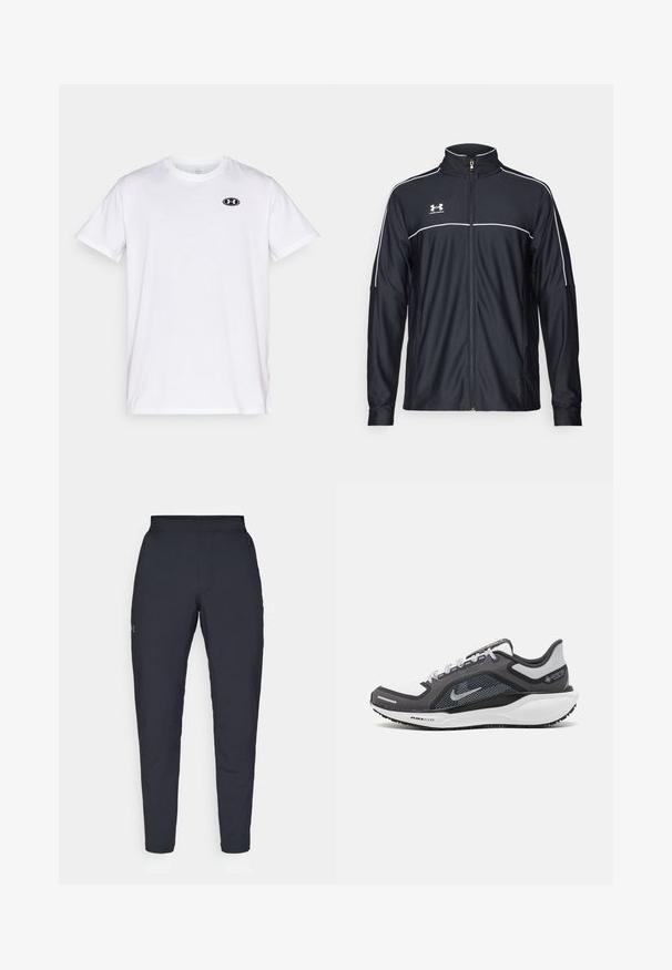Black athletic jacket made of smooth fabric, featuring a high collar, full zipper, and white piping along the shoulders and chest.; White short-sleeve t-shirt made of cotton with a round neckline. Features a small black Under Armour logo on the chest.; Black athletic pants with a smooth texture, slim fit, elastic waistband, and side pockets. Features a small logo on the left thigh.; Black and gray athletic shoe with a mesh upper, reflective accents, and a white midsole. Features textured rubber outsole and laces.