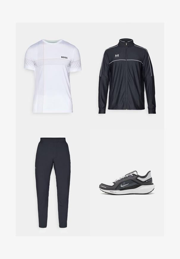 Svart treningsjakke laget av glatt stoff, med høy krage, full glidelås og hvite detaljer langs skuldrene og brystet.; Hvit trenings T-skjorte med korte ermer, prydet med en svart "BOSS" logo og tynne oransje og grå linjer over fronten. Glatt tekstur.; Sorte treningbukser med glatt tekstur, smal passform, elastisk midjebånd og sidelommer. Har en liten logo på venstre lår.; Svart og grå atletisk sko med mesh-overdel, refleksdetaljer og hvit mellomsåle. Har strukturert gummisåle og lisser.