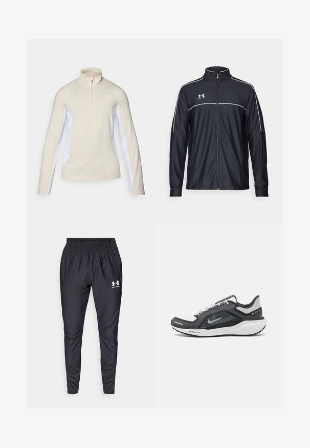 Svart treningsjakke laget av glatt stoff, med høy krage, full glidelås og hvite detaljer langs skuldrene og brystet.; Beige langermet genser med kvart glidelås, med hvite sidepaneler og en liten logo på brystet. Glatt stoffstruktur.; Under Armour PRO PANT - Joggebukse - black/white; Svart og grå atletisk sko med mesh-overdel, refleksdetaljer og hvit mellomsåle. Har strukturert gummisåle og lisser.