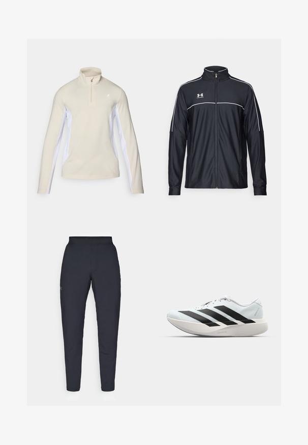 Melnā sporta jaka, izgatavota no gludas auduma, ar augstu apkakli, pilnu rāvējslēdzēju un baltu apdari gar pleciem un krūtīm.; Gai beiges garais krekls ar ceturtdaļas rāvējslēdzēju, ar baltām sānu paneļiem un mazu logotipu uz krūtīm. Gluda auduma tekstūra.; Melnas sporta bikses ar gludu tekstūru, šauru piegriezumu, elastīgu jostu un sānu kabatām. Uz kreisā augšstilba ir mazs logs.; Gaiši zili vieglie skriešanas apavi ar melniem svītrainiem. Iezīmēti ar gludu augšpusi, apaļu purngalu un biezāko balto vidējo zoli, kurā ir uzraksts "LIGHTSTRIKE PRO."