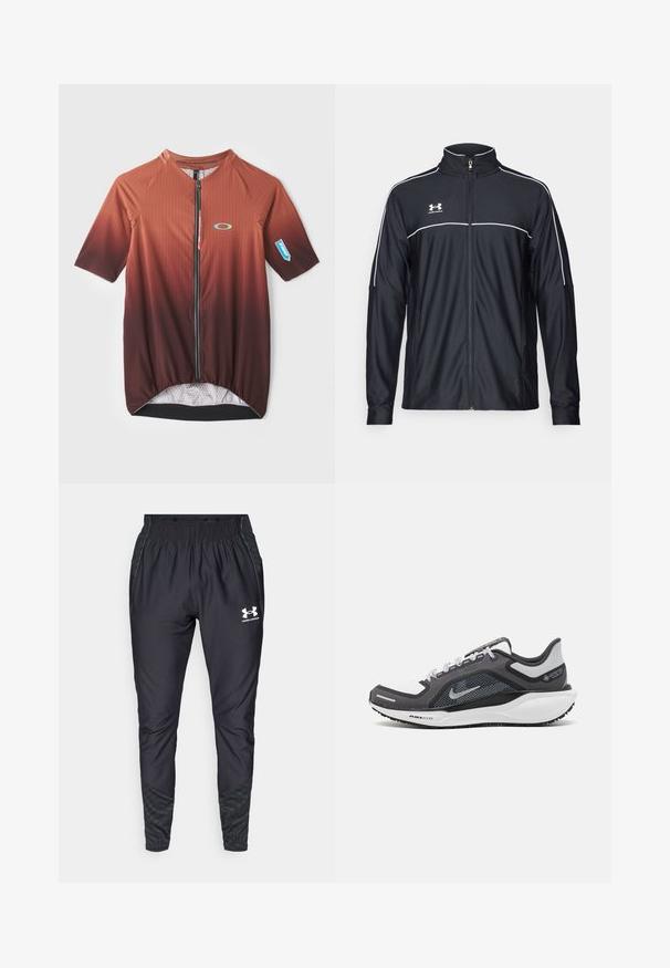 Sort atletisk jakke lavet af glat stof, med høj krave, fuld lynlås og hvide piping langs skuldrene og brystet.; Kortærmet cykeltrøje i gradient brun med lodrette striber, foran med lynlås og mesh-foring. Har et logo og elastisk kant.; Under Armour PRO PANT - Træningsbukser - black/white; Sort og grå atletisk sko med en mesh-overdel, reflekterende detaljer og en hvid mellemsål. Har en tekstureret gummisål og snørebånd.