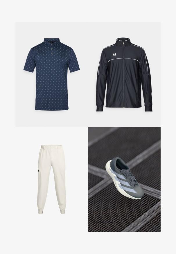 Chaqueta deportiva negra de tejido suave, con un alto cuello, cremallera completa y ribetes blancos en los hombros y el pecho.; Polo de marina en mezcla de algodón con mangas cortas, cuello abotonado y un patrón floral en color azul claro repetido en toda la prenda. Cuenta con un pequeño logo.; Pantalones jogger de color beige claro con cintura elástica, bolsillos laterales y puños acanalados; cuentan con un acento de logo negro en la cadera izquierda.; Zapatilla deportiva en gris y blanco, hecha de material sintético, con un diseño aerodinámico, acabado texturizado y un sistema de cordones prominente.