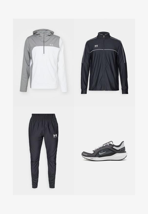 Svart treningsjakke laget av glatt stoff, med høy krage, full glidelås og hvite detaljer langs skuldrene og brystet.; Lettvekts genserjakke med en grå toppdel, hvit bunndel og glidelås i kragen. Har hette og logo på brystet.; Under Armour PRO PANT - Joggebukse - black/white; Svart og grå atletisk sko med mesh-overdel, refleksdetaljer og hvit mellomsåle. Har strukturert gummisåle og lisser.