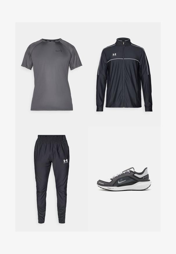 Schwarze Sportjacke aus glattem Material, mit hohem Kragen, durchgehendem Reißverschluss und weißen Paspeln entlang der Schultern und der Brust.; Endless FEISTY HEXAGON - T-Shirt print - titanium; Under Armour PRO PANT - Jogginghose - black/white; Schwarzer und grauer Sportschuh mit einem Mesh-Obermaterial, reflektierenden Akzenten und einer weißen Zwischensohle. Verfügt über eine strukturierte Gummisohle und Schnürsenkel.
