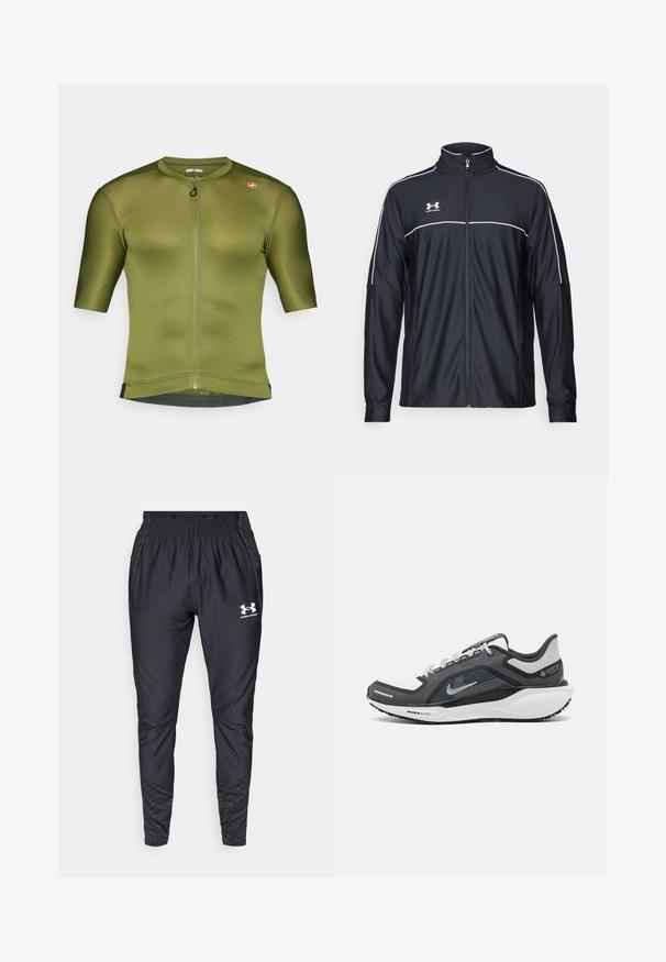 Veste de sport noire en tissu lisse, avec un col haut, une fermeture éclair intégrale et des empiècements blancs le long des épaules et de la poitrine.; Maillot de cyclisme vert olive à manches courtes, avec un col montant, une fermeture éclair à l'avant et une texture légèrement côtelée. Présente un accent logo sur l'épaule.; Under Armour PRO PANT - Pantalon de survêtement - black/white; Baskets de sport noires et grises avec un empeigne en maille, des accents réfléchissants et un intermédiaire blanc. Comprend une semelle extérieure en caoutchouc texturé et des lacets.