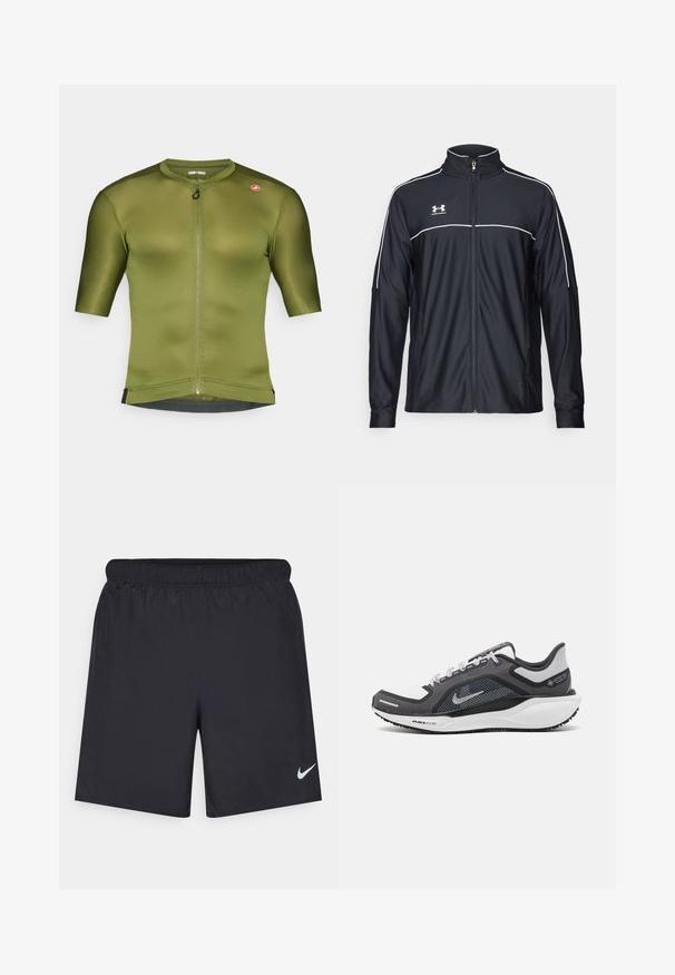 Mustmust rõivakate, mis on valmistatud siledast kangast, kõrge kraega, täispika tõmblukuga ja valgete ääristega õlgadel ja rinnaosas.; Oliivroheline jalgrattasärk lühikeste varrukatega, kõrge krae, esi vets ja peen sooneline tekstuur. Kattel on logo aksent õlal.; Mustad mustikud lühikesed püksid, mis on valmistatud kergest materjalist ja millel on elastne vöökoht. Alumisel vasakul küljel on väike valge Nike logo.; Mustern ja hallide värvusega spordijalats, millel on võrgusilmast ülemine osa, peegeldavad aktsendid ja valge vaheosa. Omab tekstuuriga kummist välisosa ja kingapaelu.