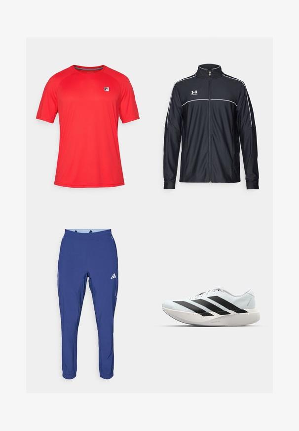 Musta urheilu takki, joka on valmistettu sileästä kankaasta. Takissa on korkea kaulus, täyspitkä vetoketju ja valkoiset tehosteet olkapäissä ja rinnassa.; Punainen, lyhythihainen urheilu t-paita, joka on valmistettu kevyestä kankaasta. Paita on varustettu pyöreällä kauluksella ja pienellä logopatchilla vasemmassa rinnassa.; adidas Performance TECH APP - Verryttelyhousut - dark blue/glow blue; Kevyt juoksukengät vaaleansinisinä mustilla raidoilla. Ominaisuuksiin kuuluu sileä pinta, pyöreä kärki ja paksu valkoinen välipohja, joka on merkitty "LIGHTSTRIKE PRO".