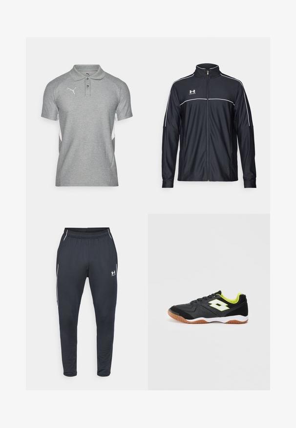 Čierna športová bunda vyrobená z hladkej látky, s vysokým golierom, plným zipsom a bielymi pásikmi pozdĺž ramien a hrudníka.; Sivá polo košeľa s textúrovaným povrchom, s golierom, dvoma gombíkmi a bielymi bočnými akcentmi. Logo na hrudi.; Čierne športové nohavice z hladkej textílie, s elastickým pásom, zúženými nohavicami a bielymi bočnými pruhmi. Obsahuje logo Under Armour.; Čierna športová obuv s bielym logom, neonovo žltým interiérom a hnedou podrážkou, zobrazená z vnútornej strany na bielom pozadí.