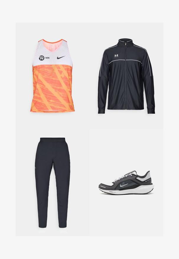 Giacca sportiva nera realizzata in tessuto liscio, con colletto alto, zip completa e piping bianco lungo le spalle e il petto.; Canotta sportiva Nike con una parte superiore in rete bianca e una parte inferiore di un vivace arancione, caratterizzata da un motivo astratto texturizzato.; Pantaloni sportivi neri con una texture liscia, vestibilità slim, vita elastica e tasche laterali. Presentano un piccolo logo sulla coscia sinistra.; Scarpa da ginnastica nera e grigia con tomaia in rete, dettagli riflettenti e intersuola bianca. Presenta una suola in gomma testurizzata e lacci.