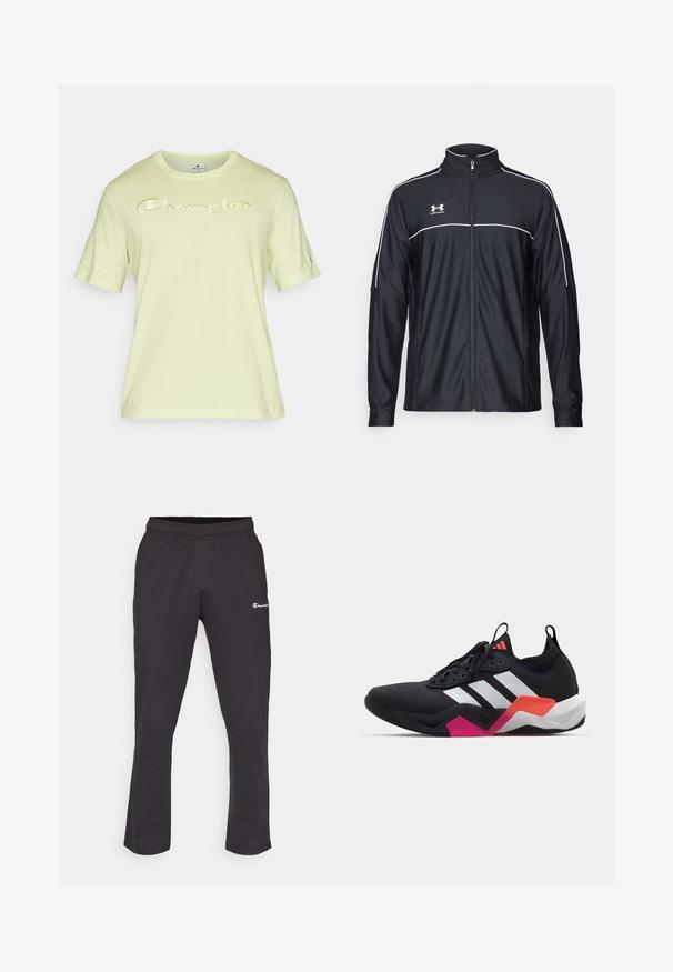 Svart treningsjakke laget av glatt stoff, med høy krage, full glidelås og hvite detaljer langs skuldrene og brystet.; Limegrønn t-skjorte med korte ermer og "Champion"-logo i reflekterende hvitt over brystet. Laget av myk stoff, med rund halsdesign.; Svart joggebukse med elastisk midje, med en liten hvit logo på venstre lår og et rett ben-design. Mykt bomullsblandingsmateriale.; Sorte idrettssko med hvite striper, teksturert overdel og en kraftig såle med oransje, rosa og hvite detaljer. Snøring med trekkstroppe.
