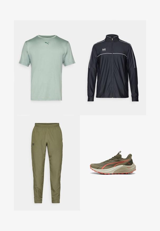 Fekete sportdzseki sima szövetből, magas nyakkal, teljes cipzárral és fehér díszítéssel a vállakon és a mellkason.; Világoszöld, rövidujjú póló, kerek nyakkivágással, a mellkasán egy kis sötétzöld Puma logóval. Sima textúra, laza kialakítás.; Olívazöld sportnadrág, rugalmas derékrésszel, szűkített lábakkal, sima textúrával és egy kis fekete logóval a bal oldalon.; Olíva zöld futócipő texturált felsőrésszel, korall színű akcentusokkal és vastag fehér középtalppal. Tartós gumitalppal rendelkezik a tapadás érdekében.