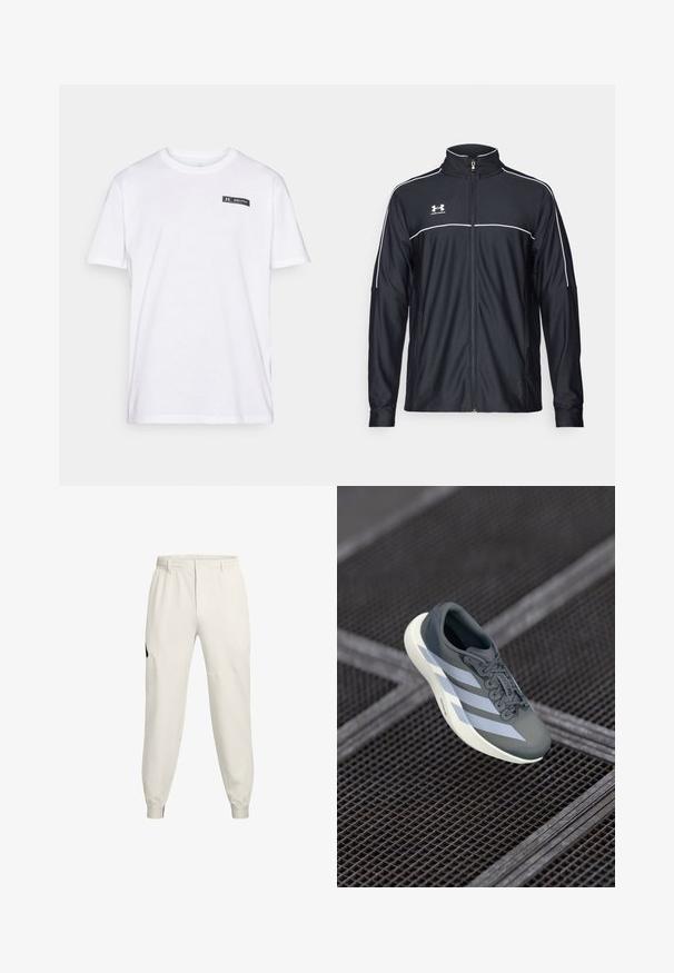 Črna športna jakna iz gladkega blaga, z visokim ovratnikom, polnim zadrgo in belim obrobljanjem ob ramenih in prsih.; Bela bombažna majica s kratkimi rokavi, okroglega ovratnika in majhnim črno-belim logom pri levem prsnem delu.; Lahki bež jogger hlače z elastičnim pasom, stranskimi žepi in rebrastimi manšetami; imajo črn logotip na levi boki.; Športna obutev v sivi in beli barvi, izdelana iz sintetičnega materiala, z aerodinamičnim dizajnom, teksturirano površino in izrazitim sistemom vezalk.