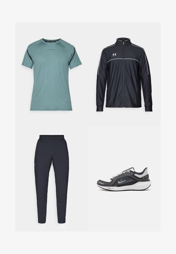 Svart sportjacka i ett slätt tyg, med hög krage, hel dragkedja och vit piping längs axlarna och bröstet.; Endless APHEX - T-shirt till träning - cypress; Svarta träningsbyxor med en slät yta, slim fit, elastisk midja och sidofickor. Har en liten logotyp på vänstra låret.; Svart och grå atletisk sko med ovandel i mesh, reflexdetaljer och en vit mellansula. Har en strukturerad gummisula och skosnören.