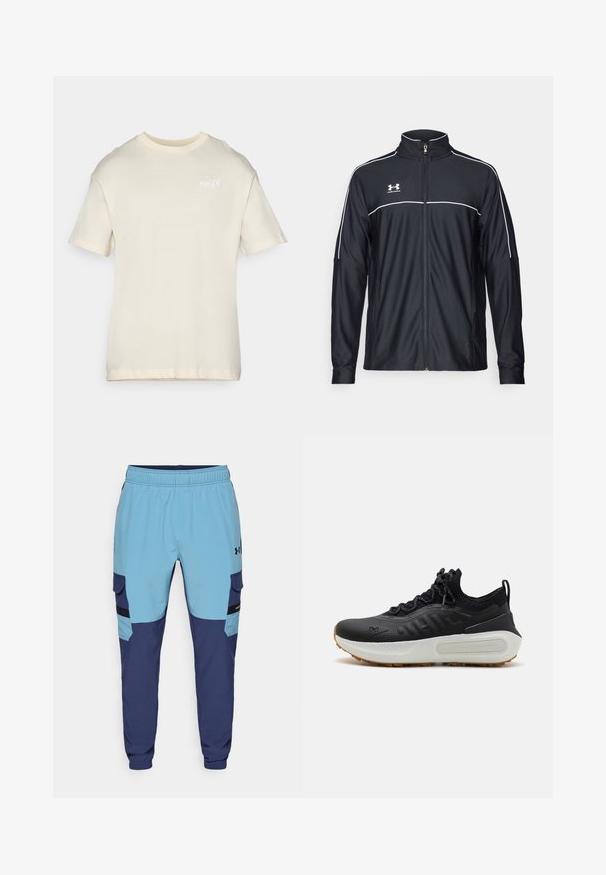 Melnā sporta jaka, izgatavota no gludas auduma, ar augstu apkakli, pilnu rāvējslēdzēju un baltu apdari gar pleciem un krūtīm.; Īsām piedurknēm krēmkrāsas T-krekls, izgatavots no maiga kokvilnas, ar apļa kakla un mazu izšūtu logotipu uz krūtīm. Gluda tekstūra, brīvs piegriezums.; Zili un tumši zili sporta bikses ar elastīgu jostu, sānu kabatām un cargo stila akcentiem. Izgatavotas no mīksta, elpojoša auduma.; Melni sporta apavi ar teksturētu augšdaļu, zeķes tipa apkakli, pelēkiem šņorēm un baltu vidusdaļu ar rakstainu dizainu un gumijas zoli.