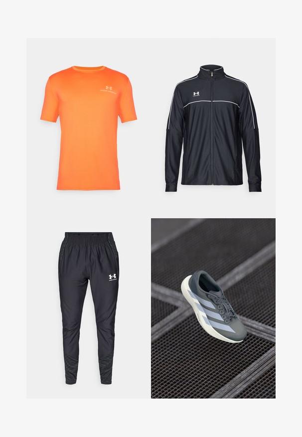 Μαύρο αθλητικό μπουφάν από λείο ύφασμα, με ψηλό γιακά, πλήρη φερμουάρ και λευκό ρέλι στους ώμους και στο στήθος.; Βραχύς μανίκι πορτοκαλί μπλουζάκι φτιαγμένο από αναπνεύσιμο ύφασμα, έχει στρογγυλή λαιμόκοψη και το λογότυπο της Under Armour σε πιο ανοιχτό χρώμα στο στήθος.; Under Armour PRO PANT - Παντελόνι φόρμας - black/white; Αθλητικό παπούτσι σε γκρι και λευκό, κατασκευασμένο από συνθετικό υλικό, με κομψό σχεδιασμό, υφή και έντονο σύστημα δέσιμο.
