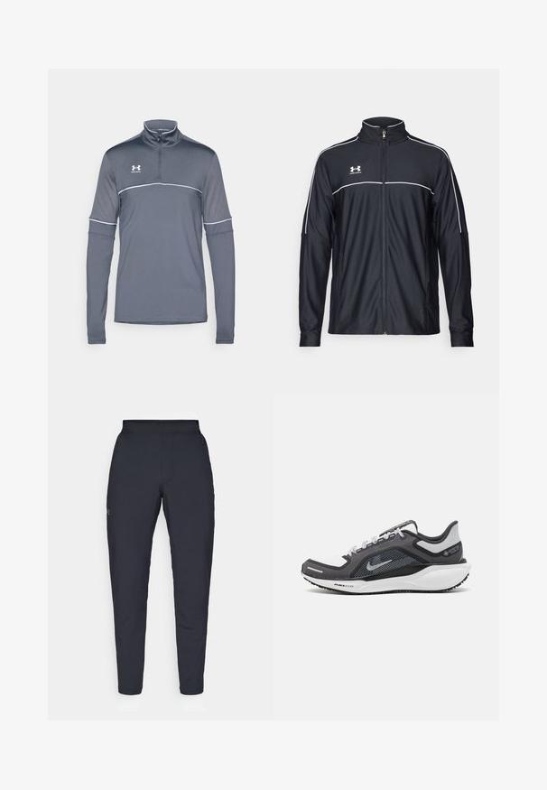 Schwarze Sportjacke aus glattem Material, mit hohem Kragen, durchgehendem Reißverschluss und weißen Paspeln entlang der Schultern und der Brust.; Graues, sportliches Langarm-Oberteil mit halbem Reißverschluss und weißem Akzentstreifen, aus leichtem, atmungsaktiven Material. Mit Logo auf der linken Brust.; Schwarze Sporthose mit glatter Textur, schlankem Schnitt, elastischem Bund und seitlichen Taschen. Mit einem kleinen Logo auf dem linken Oberschenkel.; Schwarzer und grauer Sportschuh mit einem Mesh-Obermaterial, reflektierenden Akzenten und einer weißen Zwischensohle. Verfügt über eine strukturierte Gummisohle und Schnürsenkel.