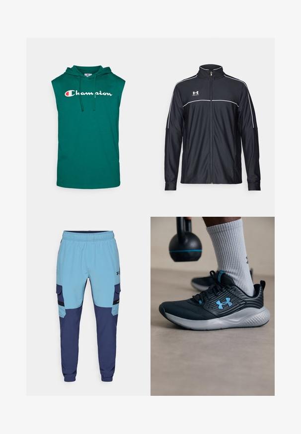 Černá sportovní bunda vyrobena z hladké látky, s vysokým límcem, plným zipem a bílým prošíváním podél ramen a hrudi.; Tyrkysová bezrukávová mikina s kapucí z bavlny, obsahující přední kapsu a šňůrku. Slovo "Champion" je bíle vytištěno na hrudi.; Modré a námořnické tepláky s elastickým pasem, bočními kapsami a detaily v cargo stylu. Vyrobeno z měkké, prodyšné tkaniny.; Černá sportovní obuv s modrými akcenty, texturovaným svrškem a šedou podrážkou. Nosená se šedými žebrovanými ponožkami, vedle černého kettlebellu.