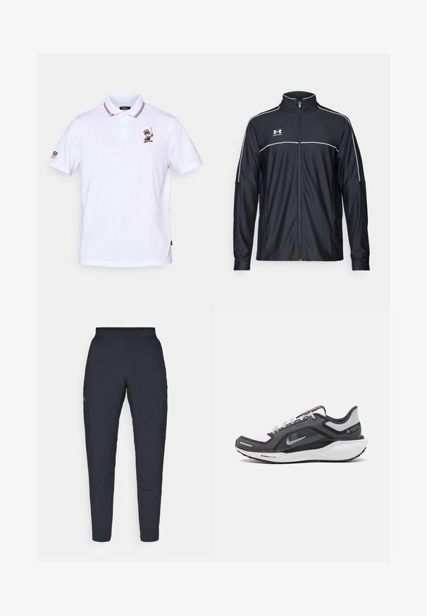 Svart sportjacka i ett slätt tyg, med hög krage, hel dragkedja och vit piping längs axlarna och bröstet.; Vit polotröja med röd och blå randig krage, treknappshål, och en broderad karaktärsdesign på bröstet.; Svarta träningsbyxor med en slät yta, slim fit, elastisk midja och sidofickor. Har en liten logotyp på vänstra låret.; Svart och grå atletisk sko med ovandel i mesh, reflexdetaljer och en vit mellansula. Har en strukturerad gummisula och skosnören.