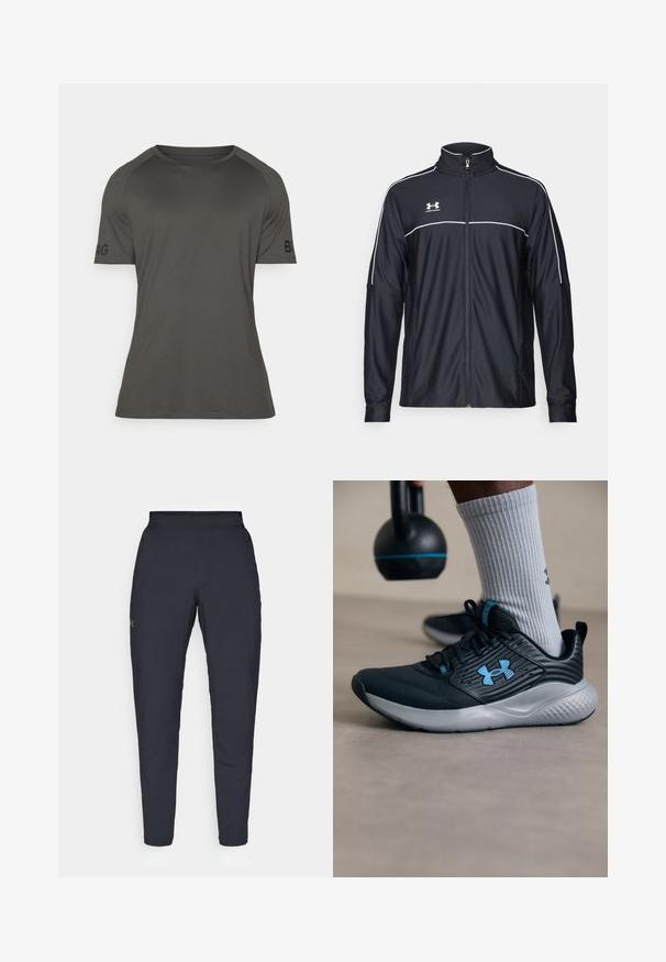 Giacca sportiva nera realizzata in tessuto liscio, con colletto alto, zip completa e piping bianco lungo le spalle e il petto.; T-shirt atletico grigio scuro con maniche corte, scollo a girocollo, tessuto liscio e dettagli del logo sulla manica sinistra. Design leggero e aderente.; Pantaloni sportivi neri con una texture liscia, vestibilità slim, vita elastica e tasche laterali. Presentano un piccolo logo sulla coscia sinistra.; Scarpone sportivo nero con accenti blu, tomaia testurizzata e suola grigia. Indossato con calzini grigi a costine, accanto a un kettlebell nero.