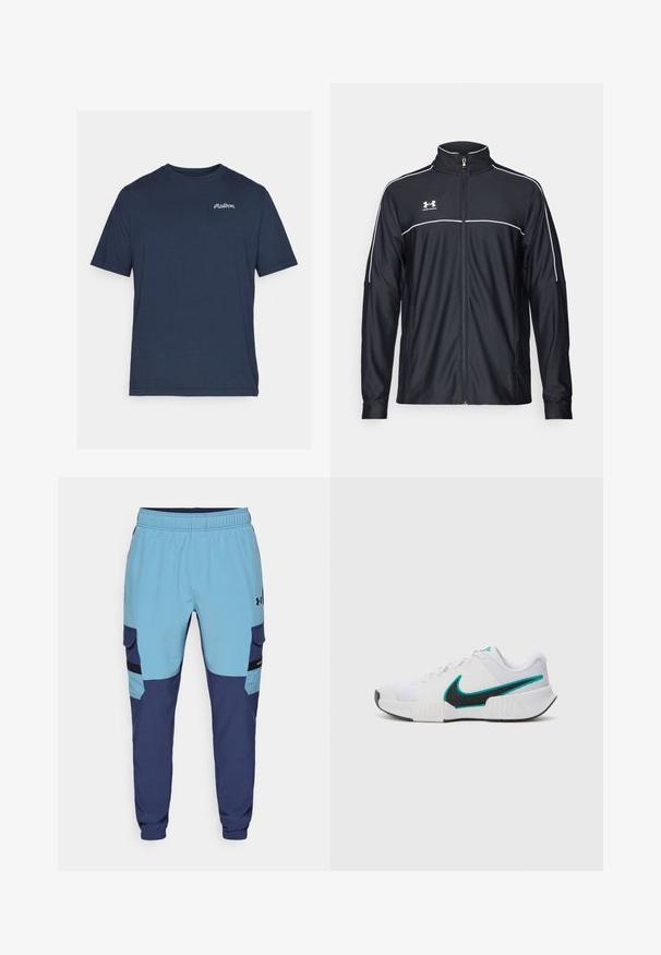 Svart treningsjakke laget av glatt stoff, med høy krage, full glidelås og hvite detaljer langs skuldrene og brystet.; Marineblå bomull T-skjorte med korte ermer. Har en liten hvit brodert logo på venstre brystområde. Rund hals.; Blå og marineblå joggebukser med elastisk midjebånd, sidelommer og cargo-lignende detaljer. Laget av myk, pustende stoff.; Hvit atletisk sko med teksturert mesh-overdel, svart gummisåle og teal Nike swoosh-detalj. Har snøring og polstret krage.