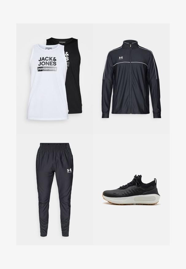 Fekete sportdzseki sima szövetből, magas nyakkal, teljes cipzárral és fehér díszítéssel a vállakon és a mellkason.; Két db ujjatlan top szett fekete és fehér színben. Anyaga sima pamut. Az elején a "JACK & JONES PERFORMANCE" felirat található vastag fekete betűkkel.; Under Armour PRO PANT - Tréningruha alsók - black/white; Fekete sportcipő, texturált felsőrésszel, zokniszerű felsőszállal, szürke fűzőkkel, fehér középtalppal, amely mintás dizájnnal és gumitalppal rendelkezik.