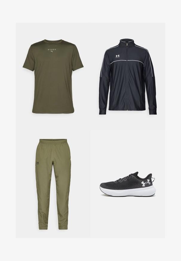 Crna sportska jakna od glatkog materijala, s visokim ovratnikom, punim zatvaračem i bijelim detaljima duž ramena i grudnog dijela.; Maslinasto zelena atletska majica kratkih rukava od laganog materijala, s okruglim izrezom. Na prsima se nalazi logo "HYROX" i emblem Pume.; Maslinaste zelene atletske hlače s elastičnim pojasom, suženim nogavicama, glatkom teksturom i malim crnim logom s lijeve strane.; Crne atletske tenisice s teksturiranom mrežicom, bijelim amortizirajućim potplatima i crnim vezicama, s istaknutim bijelim logotipom na peti.