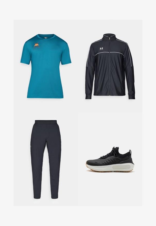 Jaqueta atlética preta feita de tecido liso, com gola alta, fecho éclair completo e detalhes em branco ao longo dos ombros e do peito.; T-shirt turquesa de manga curta em tecido suave com decote redondo. Apresenta um pequeno logotipo em laranja e vermelho escuro no peito.; Calças de desporto negras com uma textura suave, corte justo, cintura elástica e bolsos laterais. Apresenta um pequeno logótipo na coxa esquerda.; Sapatilha desportiva preta com parte superior texturizada, colarinho tipo meia, atacadores cinzentos e entressola branca com um design padrão e sola de borracha.