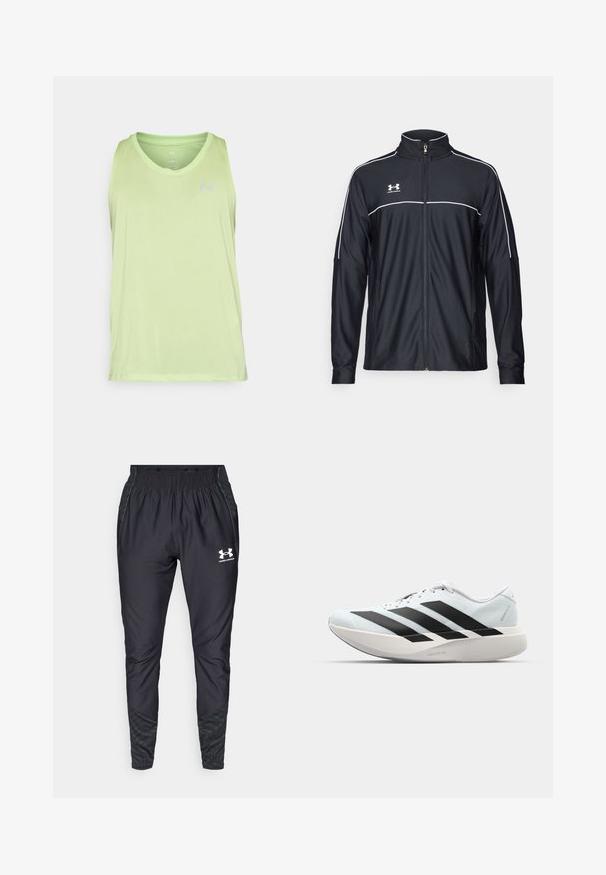 Crna sportska jakna od glatkog materijala, s visokim ovratnikom, punim zatvaračem i bijelim detaljima duž ramena i grudnog dijela.; Under Armour LAUNCH - Top - morph green; Under Armour PRO PANT - Donji dijelovi trenirke - black/white; Lagane tenisice za trčanje u svijetloplavoj boji s crnim trakama. Imaju glatku gornju površinu, okrugli vrh i debeli bijeli srednji sloj označen "LIGHTSTRIKE PRO."