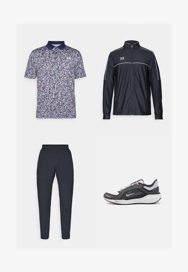 Juodas sportinis džemperis, pagamintas iš lygaus audinio, turintis aukštą apykaklę, pilną užtrauktuką ir baltą apvadą palei pečius ir krūtinę.; Tamsiai mėlyna polo marškinėliai trumpomis rankovėmis su rožine ir balta gėlių raštu. Yra vientisos spalvos apykaklė ir mažas logotipas ant krūtinės.; Juodos sportinės kelnės su lygiu paviršiumi, siauru siluetu, elastingu juosmeniu ir šoninėmis kišenėmis. Mažas logotipas yra kairėje šlaunyje.; Juodas ir pilkas sportinis batelis su tinkleliu viršuje, atspindinčiais akcentais ir balta vidurinė dalimi. Yra tekstūruota guminė išorinė pada ir raišteliai.