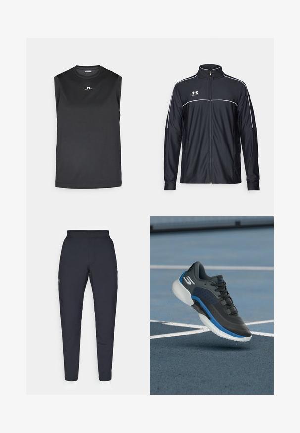 Μαύρο αθλητικό μπουφάν από λείο ύφασμα, με ψηλό γιακά, πλήρη φερμουάρ και λευκό ρέλι στους ώμους και στο στήθος.; Μαύρο αθλητικό τοπ χωρίς μανίκια, φτιαγμένο από λείο ύφασμα. Διαθέτει στρογγυλή λαιμόκοψη και ένα μικρό λευκό λογότυπο στο στήθος.; Μαύρο αθλητικό παντελόνι με λεία υφή, στενή εφαρμογή, ελαστική μέση και πλαϊνές τσέπες. Διαθέτει ένα μικρό λογότυπο στον αριστερό μηρό.; Μαύρο αθλητικό παπούτσι με μπλε λεπτομέρειες, από συνθετικό υλικό, με υφασμάτινη επιφάνεια και ελαφρύ λευκό πάτο. Διαθέτει δέσιμο και τρυπήματα.