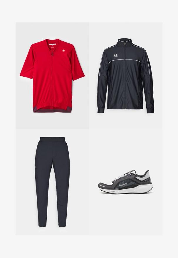 Veste de sport noire en tissu lisse, avec un col haut, une fermeture éclair intégrale et des empiècements blancs le long des épaules et de la poitrine.; Maillot de cyclisme rouge à manches courtes avec une fermeture éclair quart, texture côtelée et un ourlet bordeaux contrastant. Logo sur la poitrine gauche.; Pantalons de sport noirs avec une texture lisse, coupe slim, taille élastique et poches latérales. Présente un petit logo sur la cuisse gauche.; Baskets de sport noires et grises avec un empeigne en maille, des accents réfléchissants et un intermédiaire blanc. Comprend une semelle extérieure en caoutchouc texturé et des lacets.
