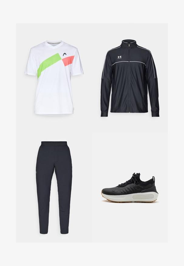 Zwarte sportjack van soepel materiaal, met een hoge kraag, volledige ritssluiting en witte piping langs de schouders en borst.; Witte sportieve shirt met een V-hals, voorzien van diagonale accenten in groen en roze. Gemaakt van lichtgewicht, ademende stof.; Zwarte sportbroeken met een gladde textuur, slanke pasvorm, elastische tailleband en zijzakken. Bevat een klein logo op het linkerdij.; Zwarte sportieve schoen met een gestructureerde bovenkant, kousachtige kraag, grijze veters en een witte tussenzool met een patroon en een gumrubberen zool.