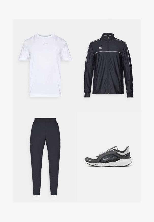 Jaqueta atlética preta feita de tecido liso, com gola alta, fecho éclair completo e detalhes em branco ao longo dos ombros e do peito.; T-shirt atlético de manga curta branca com riscas verticais texturizadas subtis e "BOSS" impresso no centro do peito.; Calças de desporto negras com uma textura suave, corte justo, cintura elástica e bolsos laterais. Apresenta um pequeno logótipo na coxa esquerda.; Sapatilha atlética preta e cinza com parte superior em malha, detalhes reflexivos e uma entressola branca. Apresenta uma sola de borracha texturizada e atacadores.