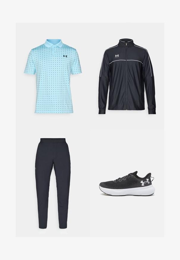 Fekete sportdzseki sima szövetből, magas nyakkal, teljes cipzárral és fehér díszítéssel a vállakon és a mellkason.; Világoskék pólóing gallérral, rövid ujjú, fekete csillagmintával az egész anyagon. Kis fekete logó található a mell részen.; Fekete sportnadrág sima textúrával, karcsú szabással, rugalmas derékrésszel és oldalzsebekkel. A bal combján egy kis logó található.; Fekete sportcipők struktúrált hálós felsőrésszel, fehér párnázott talppal és fekete fűzővel, a sarkán egy feltűnő fehér logóval.