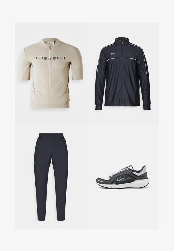 Veste de sport noire en tissu lisse, avec un col haut, une fermeture éclair intégrale et des empiècements blancs le long des épaules et de la poitrine.; Maillot de cyclisme beige à manches courtes avec une fermeture éclair sur le devant, arborant le nom de la marque "Castelli" en gris foncé sur la poitrine. Texture lisse.; Pantalons de sport noirs avec une texture lisse, coupe slim, taille élastique et poches latérales. Présente un petit logo sur la cuisse gauche.; Baskets de sport noires et grises avec un empeigne en maille, des accents réfléchissants et un intermédiaire blanc. Comprend une semelle extérieure en caoutchouc texturé et des lacets.