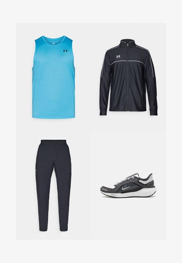 Jaqueta atlética preta feita de tecido liso, com gola alta, fecho éclair completo e detalhes em branco ao longo dos ombros e do peito.; Top desportivo sem mangas de cor azul claro, feito de material sintético, com um logótipo preto na parte superior esquerda e decote redondo.; Calças de desporto negras com uma textura suave, corte justo, cintura elástica e bolsos laterais. Apresenta um pequeno logótipo na coxa esquerda.; Sapatilha atlética preta e cinza com parte superior em malha, detalhes reflexivos e uma entressola branca. Apresenta uma sola de borracha texturizada e atacadores.