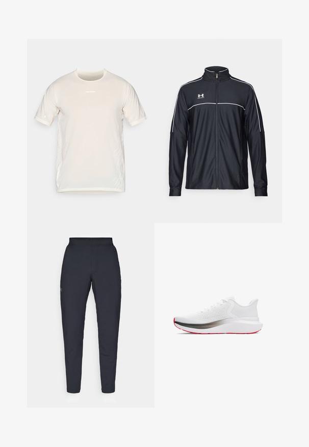 Musta urheilu takki, joka on valmistettu sileästä kankaasta. Takissa on korkea kaulus, täyspitkä vetoketju ja valkoiset tehosteet olkapäissä ja rinnassa.; Beige Salomon lyhythihainen urheilupaita, jossa on pyöreä kaula-aukko ja hillityt valkoiset graafiset viivat sivuilla.; Mustat urheiluhousut, joissa on sileä pinta, kapea malli, joustava vyötäkuja ja sivutaskut. Vasemmassa reisissä on pieni logo.; Urheiluhaalari, jossa on valkoinen verkko-osa, hopeinen välikenkä ja punainen ulkopohja. Varustettu pyöreillä nauhoilla ja pehmeällä kauluksella mukavuutta varten.