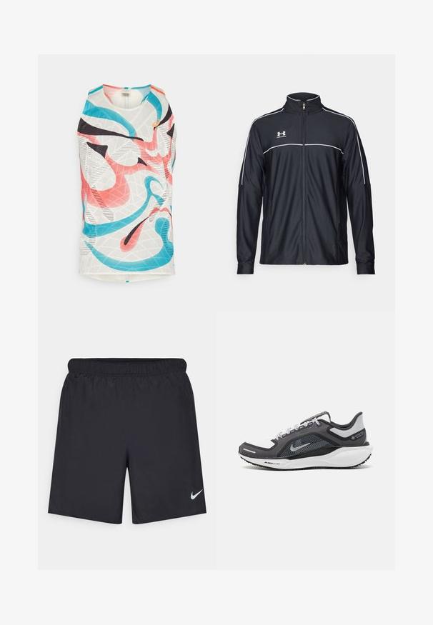 Veste de sport noire en tissu lisse, avec un col haut, une fermeture éclair intégrale et des empiècements blancs le long des épaules et de la poitrine.; Haut de sport sans manches en tissu en maille. Présente un motif abstrait multicolore en rose, bleu et noir. Design à col rond.; Shorts de sport noirs en matériau léger avec une taille élastique. Présente un petit logo Nike blanc sur le bas du côté gauche.; Baskets de sport noires et grises avec un empeigne en maille, des accents réfléchissants et un intermédiaire blanc. Comprend une semelle extérieure en caoutchouc texturé et des lacets.