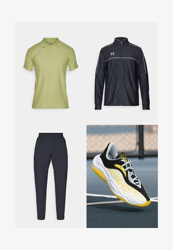 Fekete sportdzseki sima szövetből, magas nyakkal, teljes cipzárral és fehér díszítéssel a vállakon és a mellkason.; Világoszöld póló, amelynek gallérja, két gombja és rövid ujjai vannak. Fehér oldalsó panelek és ezüst Puma logó található a mellkason.; Fekete sportnadrág sima textúrával, karcsú szabással, rugalmas derékrésszel és oldalzsebekkel. A bal combján egy kis logó található.; Fekete, fehér és sárga sportcipő "Curry" felirattal, lebeg egy kék sportpálya felett, fehér vonalakkal és láncos kerítéssel a háttérben.