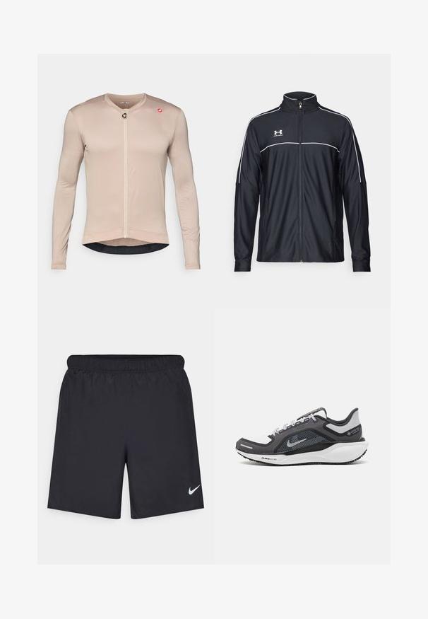 Svart treningsjakke laget av glatt stoff, med høy krage, full glidelås og hvite detaljer langs skuldrene og brystet.; Langermet sykkeltrøye i lys beige, laget av teksturert og pustende stoff. Har glidelås foran, logoakcent og kontrasterende nederkant.; Svart sportskjørt laget av lett materiale med elastisk linning. Har en liten hvit Nike-logo nederst til venstre.; Svart og grå atletisk sko med mesh-overdel, refleksdetaljer og hvit mellomsåle. Har strukturert gummisåle og lisser.