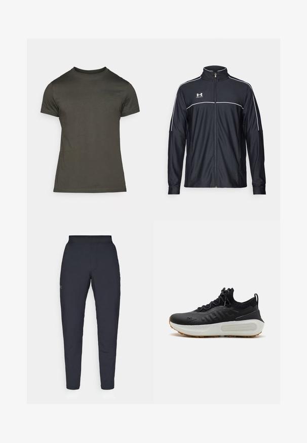 Mustmust rõivakate, mis on valmistatud siledast kangast, kõrge kraega, täispika tõmblukuga ja valgete ääristega õlgadel ja rinnaosas.; Tume oliivroheline t-särk, lühikeste varrukatega, ümar kaelus, pehmest puuvillast, ees diskreetse logoga. Sujuv tekstuur, vaba ajaga sobiv lõige.; Mustad mustreid spordipüksid, millel on sile tekstuur, kitsas lõige, elastne vöökoht ja küljetaskud. Vasakule reiele on tikandatud väike logo.; Mustad mustlussaadad tekstuuriga ülemise osaga, sokilaadsed krae, hallid nöörid ja valge vaheosa, millel on mustriga disain ja kummine välistald.