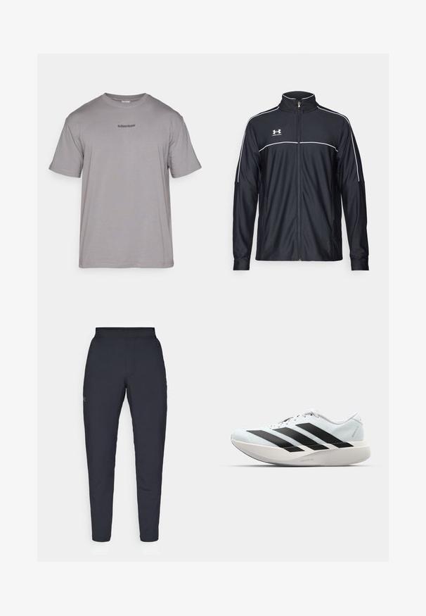 Svart treningsjakke laget av glatt stoff, med høy krage, full glidelås og hvite detaljer langs skuldrene og brystet.; Grå bomull t-skjorte med rund hals. Har korte ermer og en liten brodert logo i mørkere grått på brystet.; Sorte treningbukser med glatt tekstur, smal passform, elastisk midjebånd og sidelommer. Har en liten logo på venstre lår.; Lette løpesko i lys blå med svarte striper. Har en myk overdel, rund tå og tykk hvit mellomsole merket "LIGHTSTRIKE PRO."