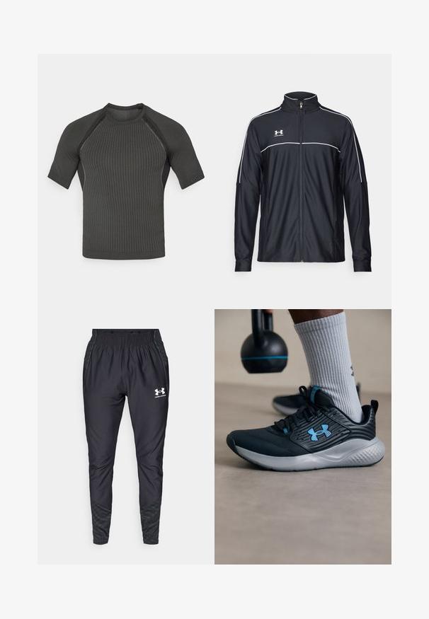 Schwarze Sportjacke aus glattem Material, mit hohem Kragen, durchgehendem Reißverschluss und weißen Paspeln entlang der Schultern und der Brust.; Schwarzes kurzärmliges Sportshirt mit strukturiertem Rippenmuster, körperbetontem Design und minimalistischer Veredelung an den Ärmeln und dem Kragen.; Under Armour PRO PANT - Jogginghose - black/white; Schwarzer Sportschuh mit blauen Akzenten, strukturiertem Obermaterial und grauer Sohle. Getragen mit grauen gerippten Socken, neben einer schwarzen Kettlebell.