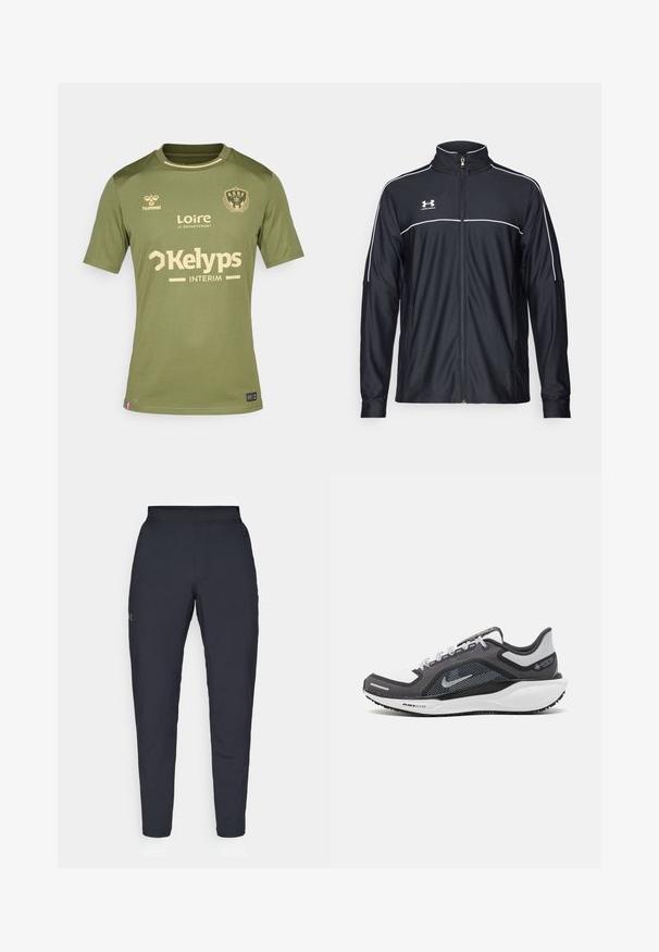 Mustmust rõivakate, mis on valmistatud siledast kangast, kõrge kraega, täispika tõmblukuga ja valgete ääristega õlgadel ja rinnaosas.; Olive roheline Saint-Étienne jalgpallijerseys, millel on beežid sponsorlogod ja meeskonna crest rinnal.; Mustad mustreid spordipüksid, millel on sile tekstuur, kitsas lõige, elastne vöökoht ja küljetaskud. Vasakule reiele on tikandatud väike logo.; Mustern ja hallide värvusega spordijalats, millel on võrgusilmast ülemine osa, peegeldavad aktsendid ja valge vaheosa. Omab tekstuuriga kummist välisosa ja kingapaelu.
