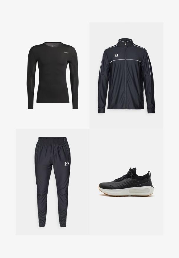 Black athletic jacket made of smooth fabric, featuring a high collar, full zipper, and white piping along the shoulders and chest.; Black long-sleeve athletic shirt featuring a smooth fabric body and mesh accents on the sleeves. Reebok logo in silver on the chest.; Under Armour PRO PANT - Tracksuit bottoms - black/white; Black athletic shoe with a textured upper, sock-like collar, gray laces, and a white midsole featuring a patterned design and gum outsole.